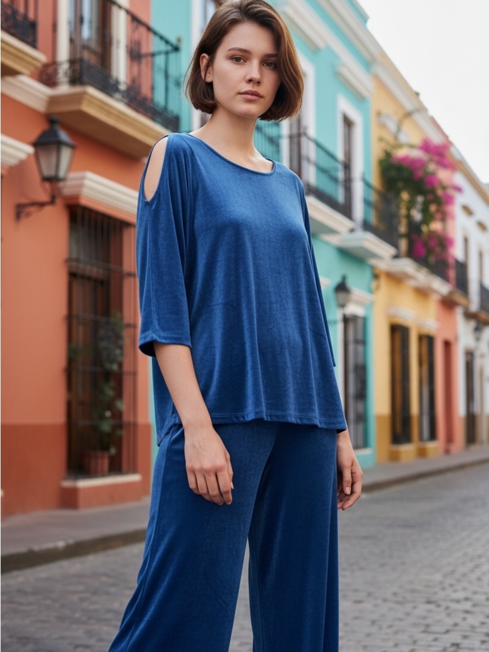 Chico's Travelers Blue Cold-Shoulder Tunic Top and Matching Pants